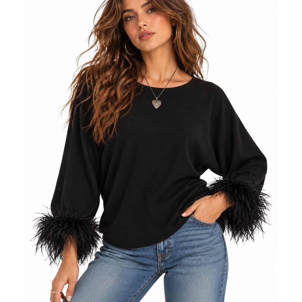 Siano Milano Black Feather Cuff Knit Sweater Large